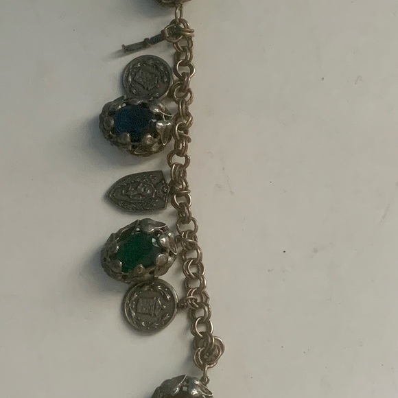 VTG Antique Silver Coin Multi Color Stones Charm Bracelet Unique - Picture 6 of 10